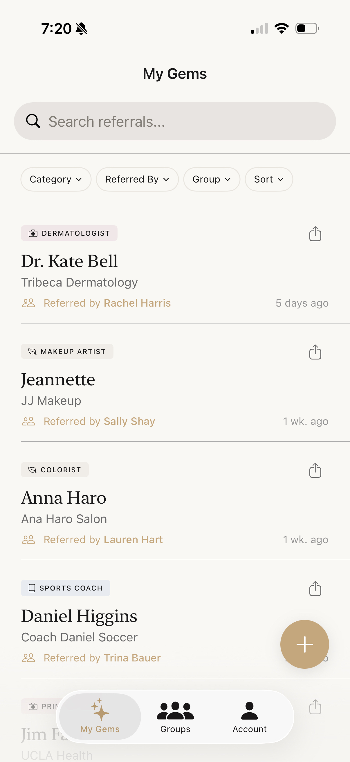 GemBook referrals list with categories and referrers
