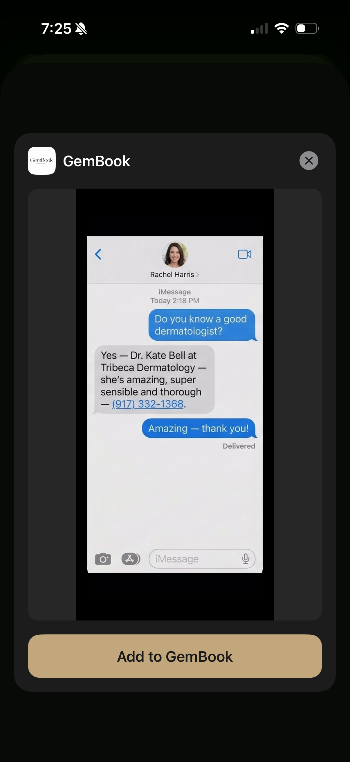 GemBook save screenshot from iMessage